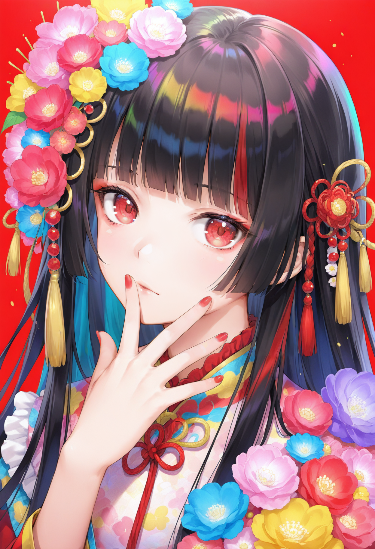 06389-4165537154-1girl, solo, red nails, looking at viewer, bangs, red eyes, long hair, nail polish, black hair, hair ornament, hand up, flower,.png